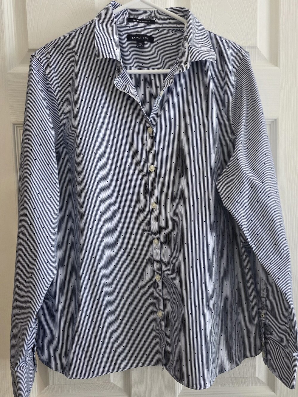 Lands End 16 No Iron Supima Blouse Navy White Long Sleeve Career